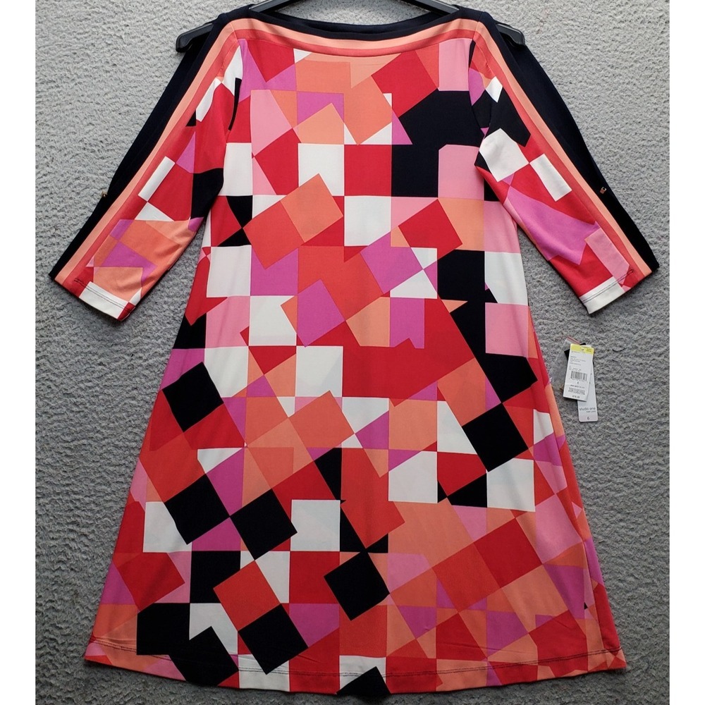 Studio One Shift Dress Womens 6 Multi Geometric Stretch Slit Sleeve Boat Neck